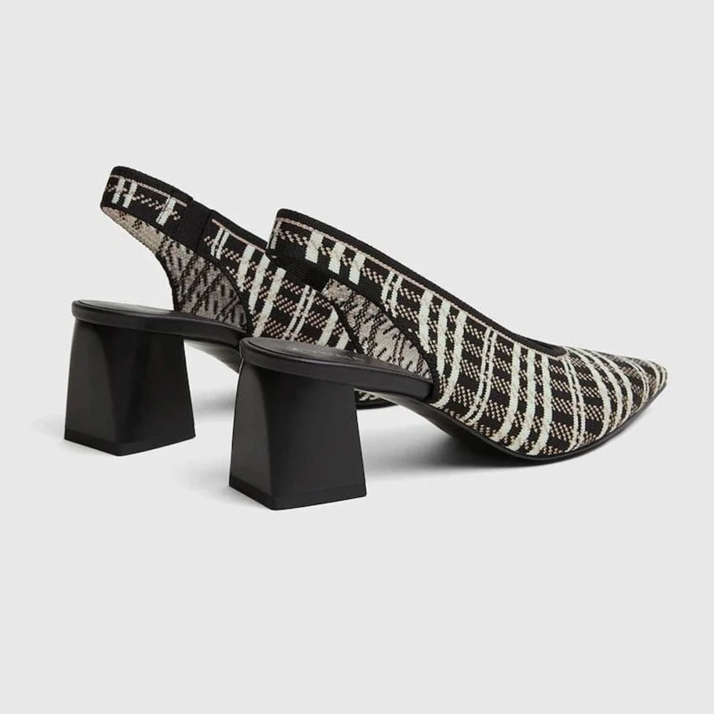 Vivaia Pointed Toe Slingback Pumps‎ Black Beige Plaid Block Heel Size 8 EU 39
